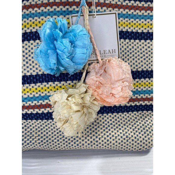 SHIRALEAH Chicago Ria Woven Paper Tote Bag Purse Striped Pompoms NWT - Picture 4 of 13